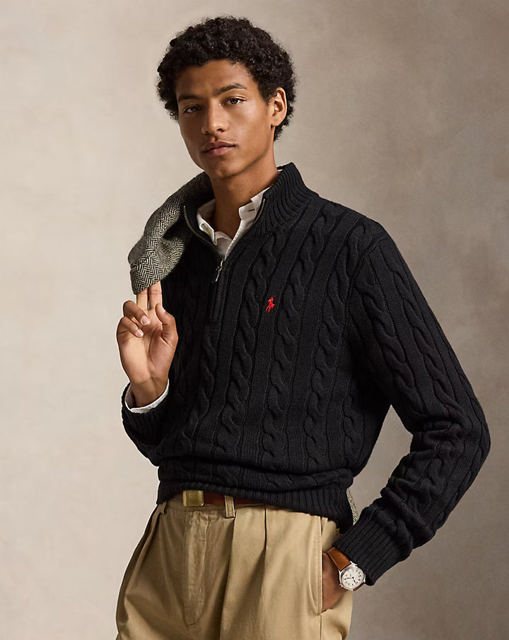 Ralph Lauren Βαμβακερό Πλεκτό με Πλεξούδες και Φερμουάρ 1/4 | Μαύρο – όψη προϊόντος 01