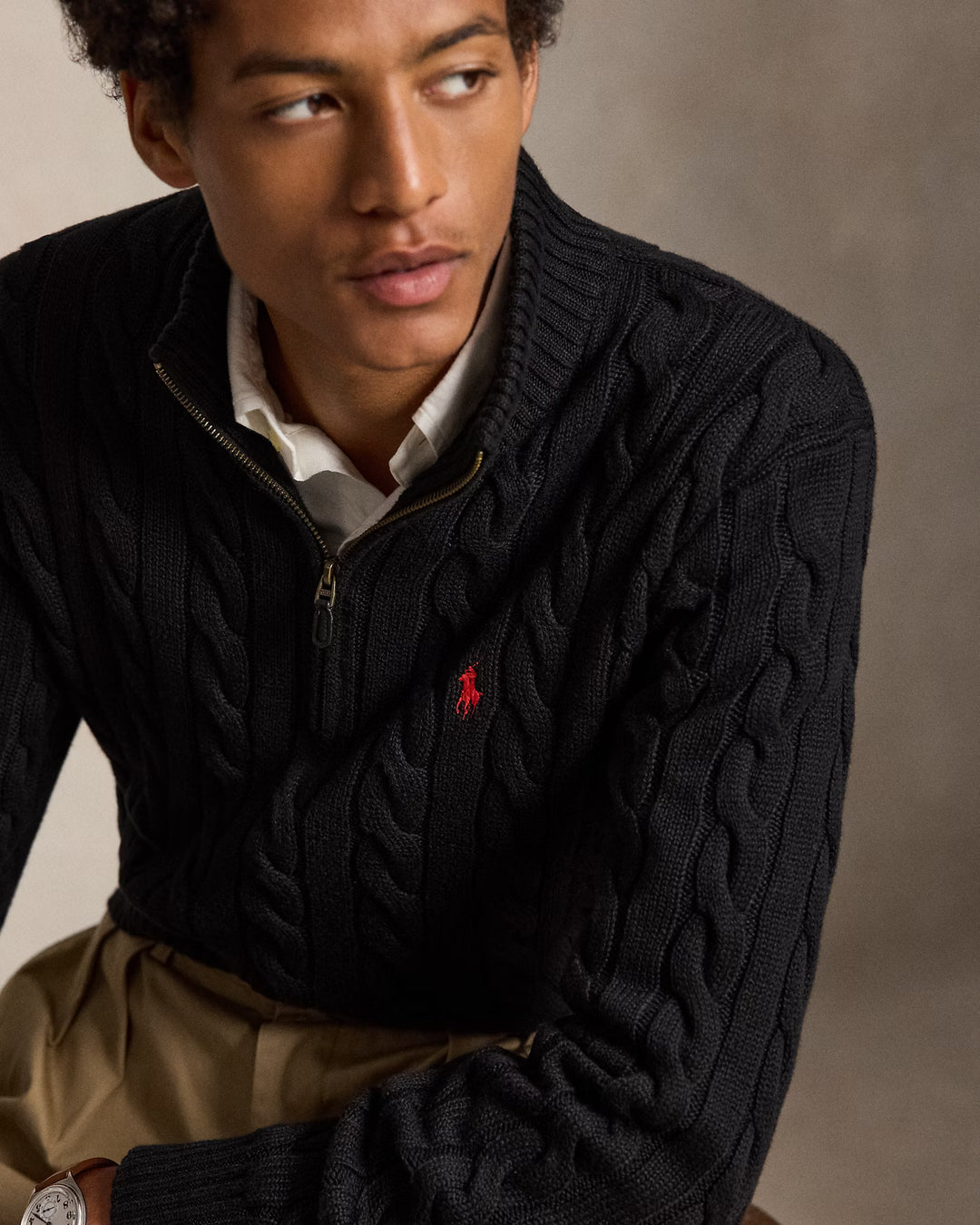 Ralph Lauren Βαμβακερό Πλεκτό με Πλεξούδες και Φερμουάρ 1/4 | Μαύρο – όψη προϊόντος 03