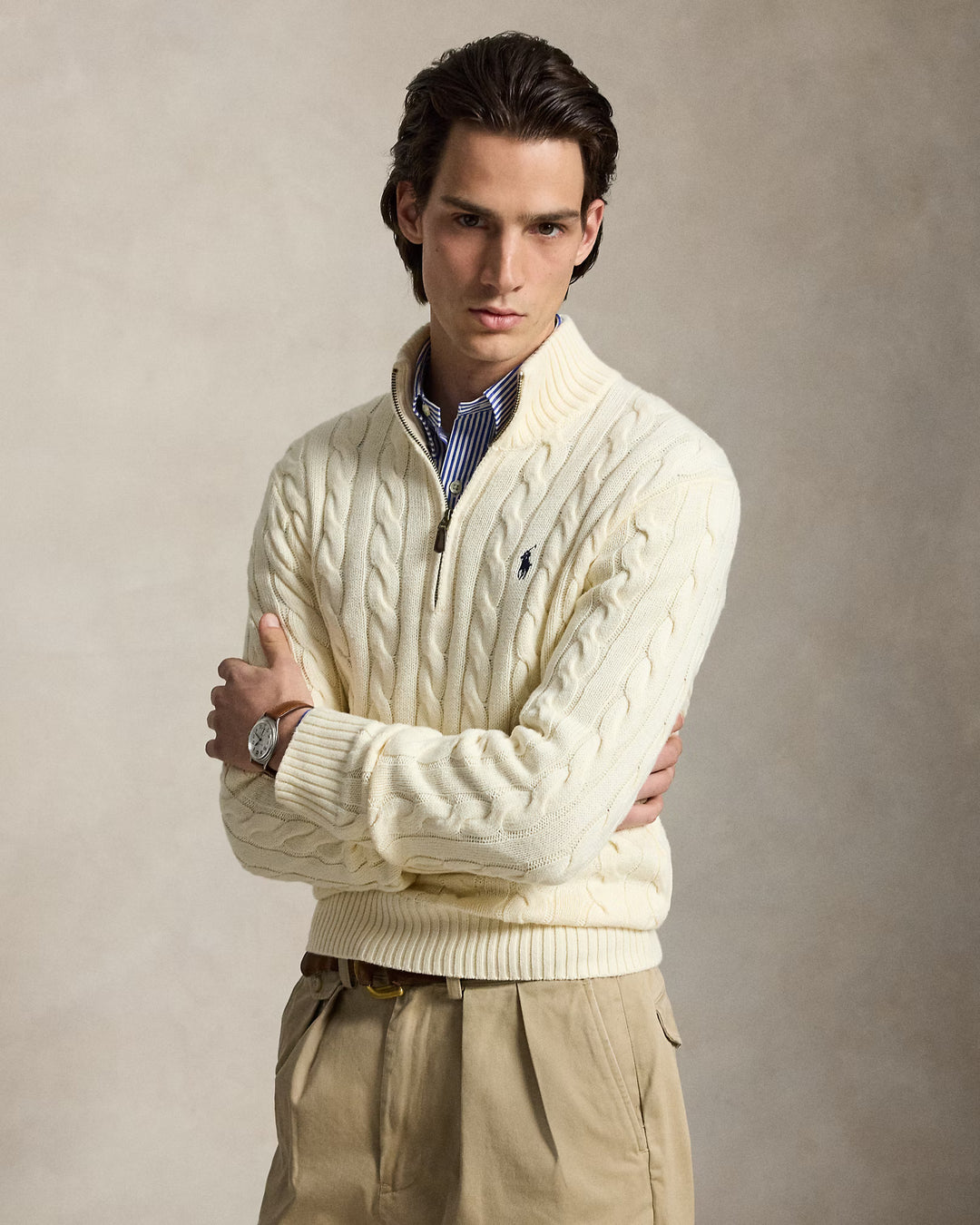 Ralph Lauren Pull torsadé en coton à col zippé | Écru – vue du produit 01