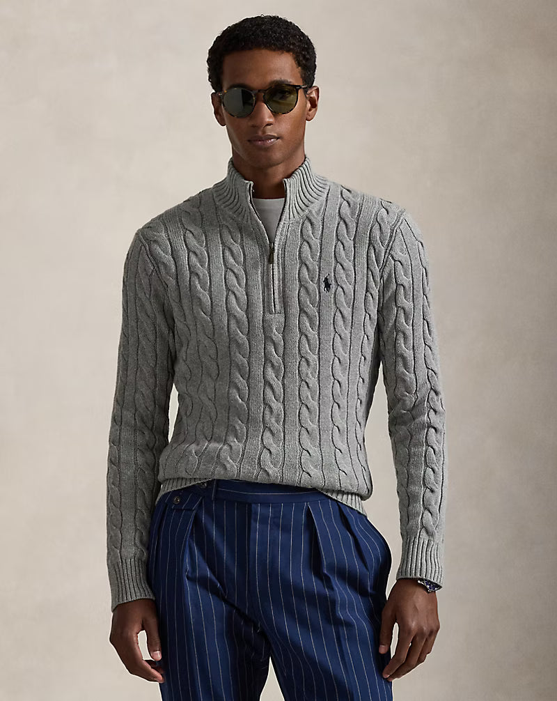 Ralph Lauren Pull torsadé en coton à col zippé | Gris – vue du produit 01