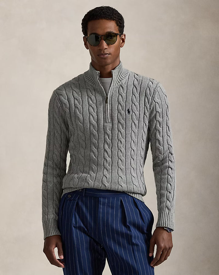 Ralph Lauren Pull torsadé en coton à col zippé | Gris – vue du produit 01