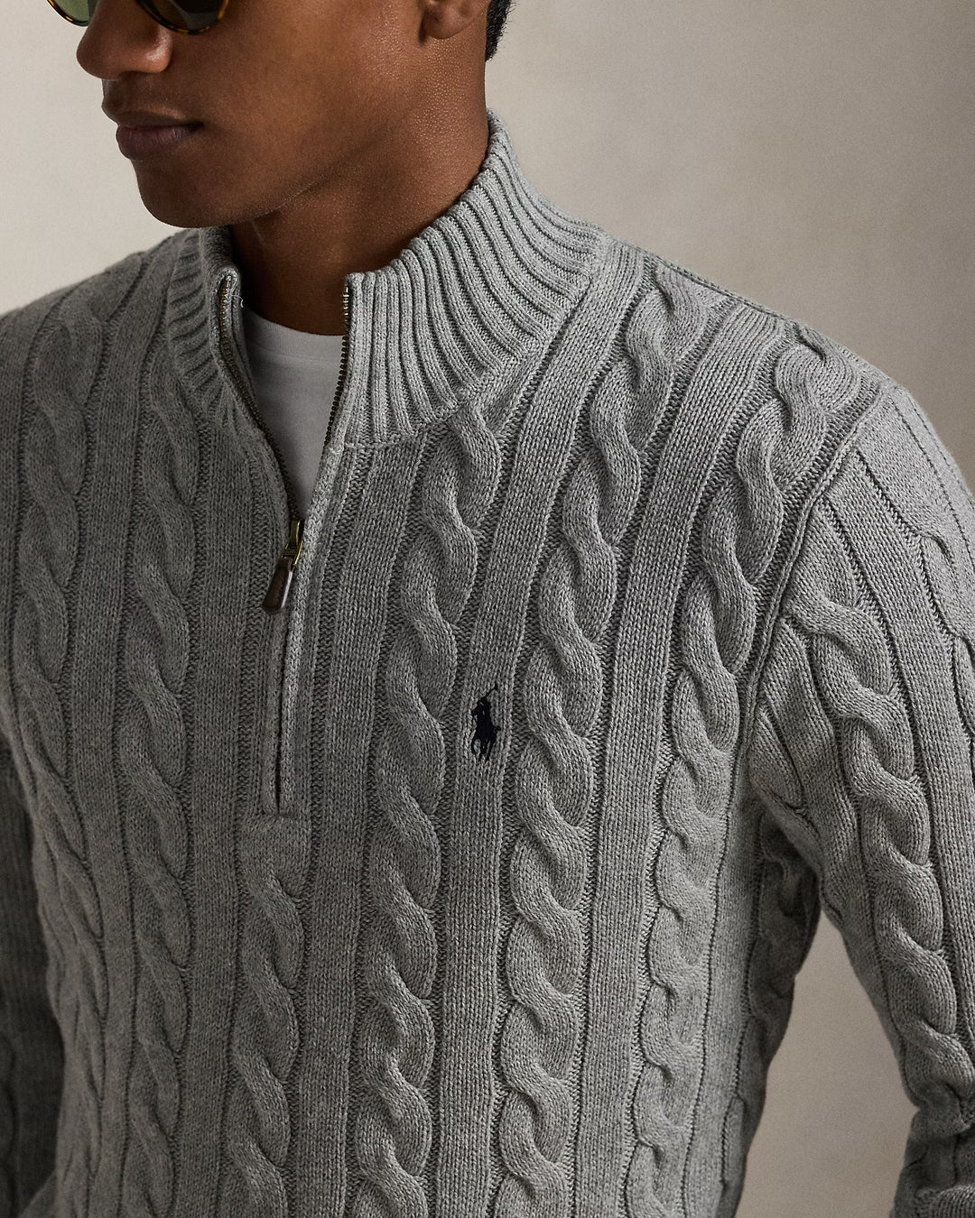 Ralph Lauren Pull torsadé en coton à col zippé | Gris – vue du produit 03