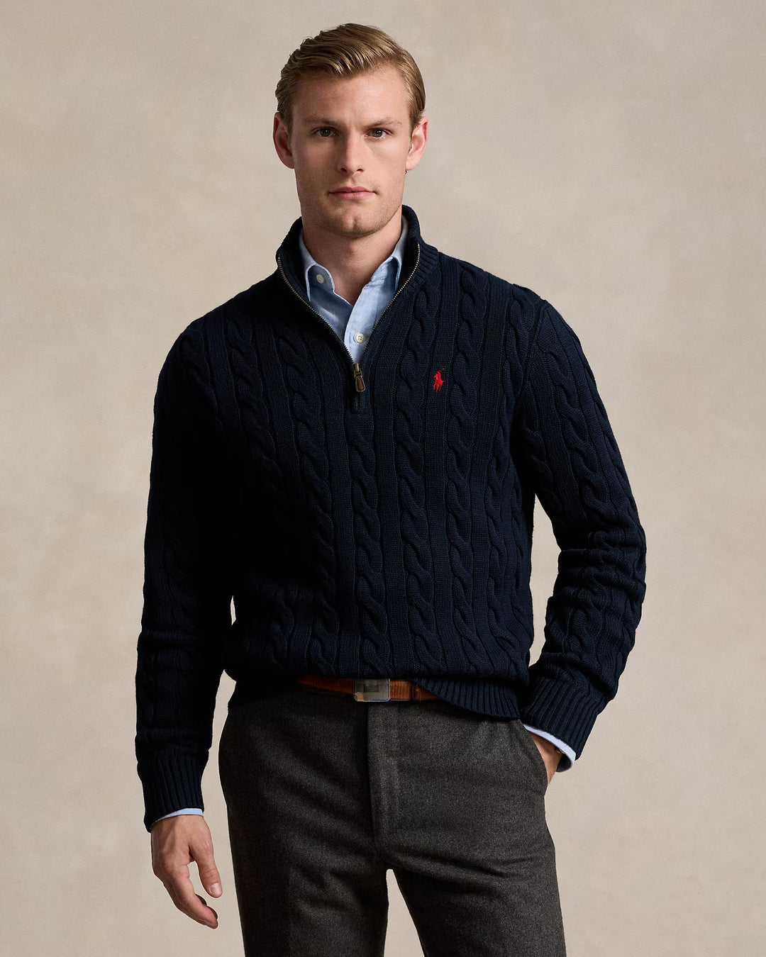 Ralph Lauren Pull torsadé en coton à col zippé | Bleu marine Hunter – vue du produit 01