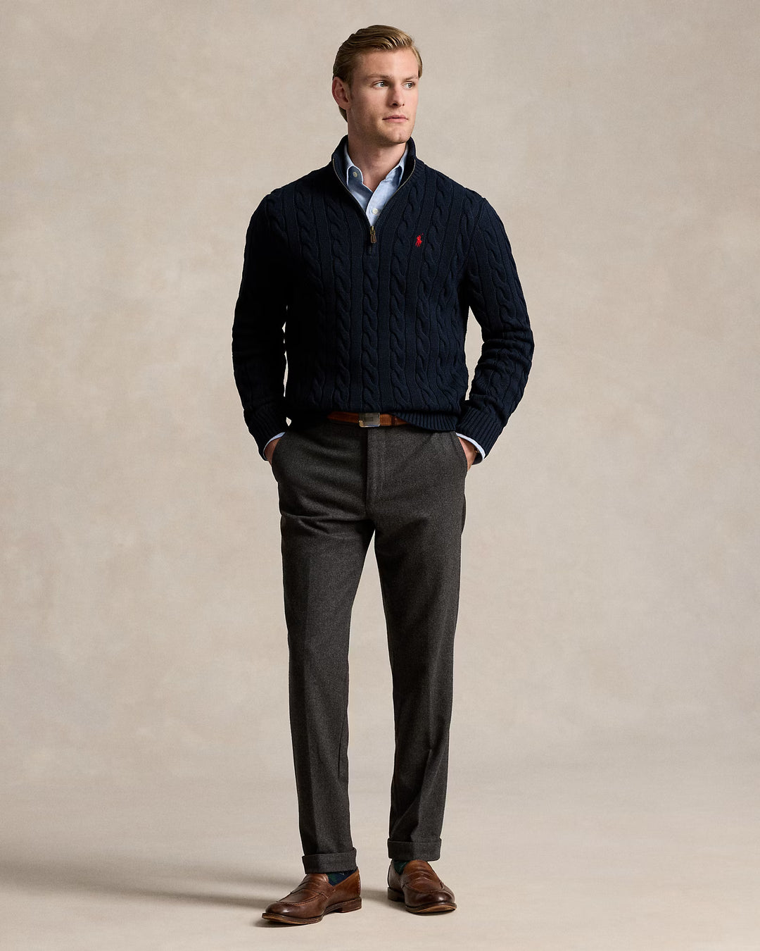 Ralph Lauren Cable-Knit Cotton Quarter-Zip Jumper in Hunter Navy – product view 05