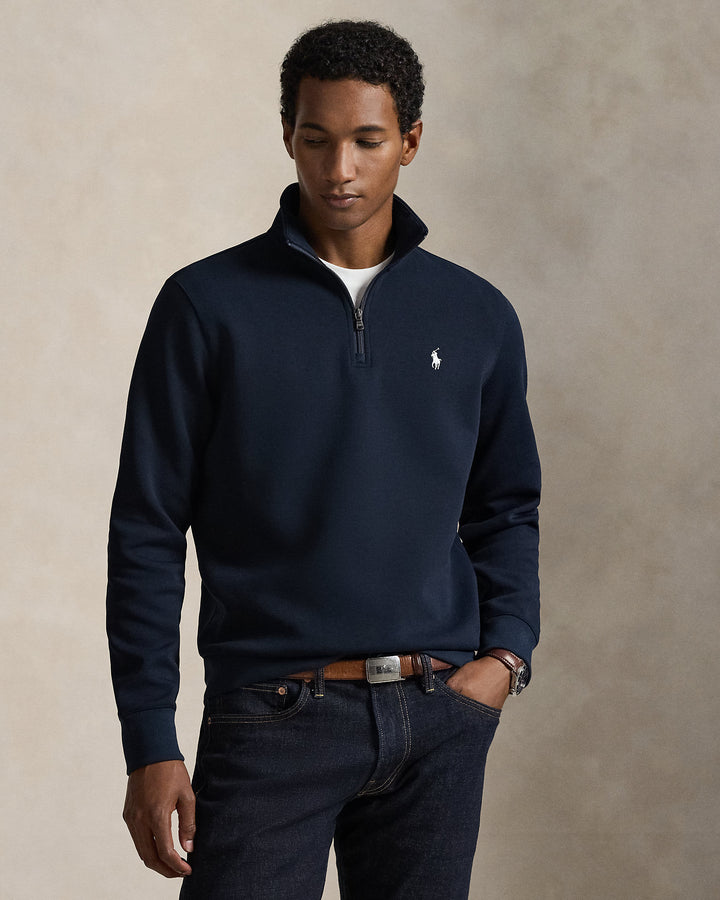 Ralph Lauren كنزة بنسيج مزدوج وسحاب ربع طول, أزرق كحلي, منظر أمامي على عارض أزياء