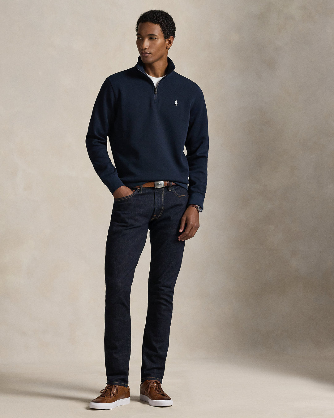 Ralph Lauren كنزة بنسيج مزدوج وسحاب ربع طول, أزرق كحلي, إطلالة كاملة على عارض أزياء