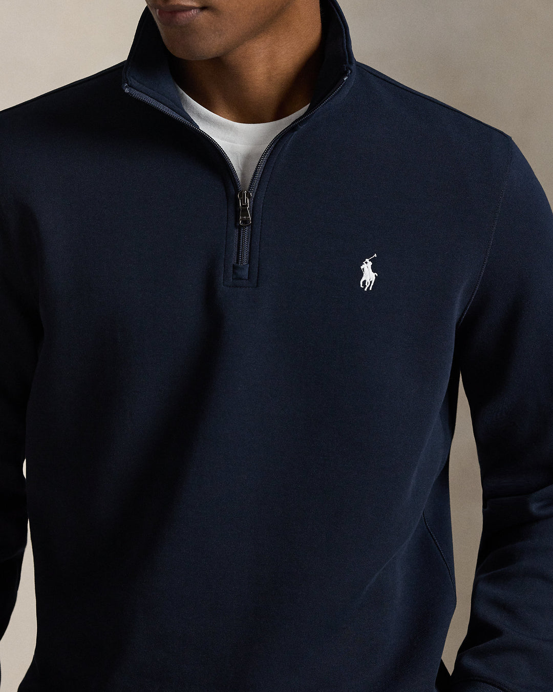 Ralph Lauren كنزة بنسيج مزدوج وسحاب ربع طول, أزرق كحلي, تفصيل عن قرب