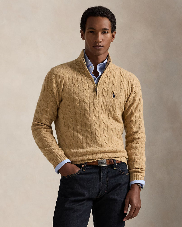 Ralph Lauren 羊毛羊绒绞花四分之一拉链针织衫 | 驼色 – 产品视图 01
