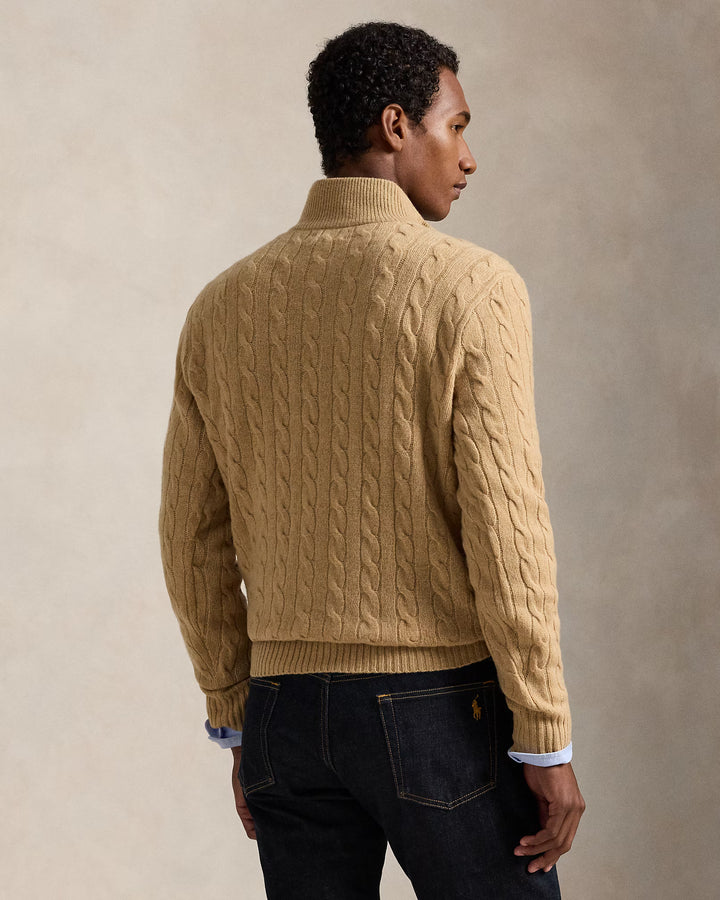 Ralph Lauren 羊毛羊绒绞花四分之一拉链针织衫 | 驼色 – 产品视图 02