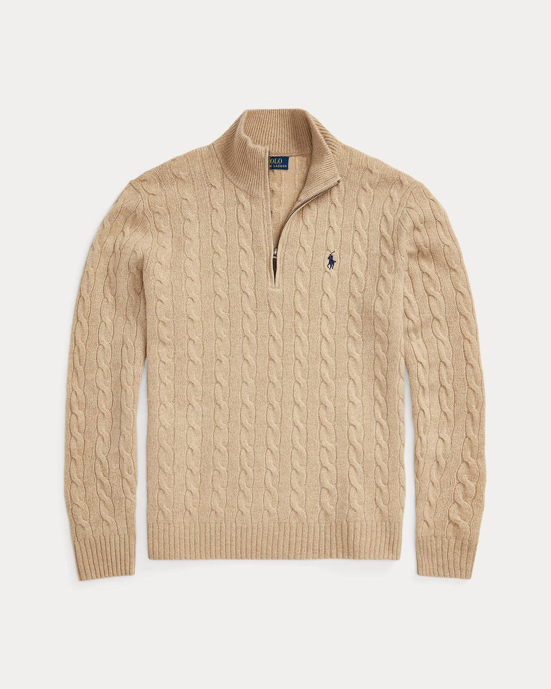 Ralph Lauren 羊毛羊绒绞花四分之一拉链针织衫 | 驼色 – 产品视图 03