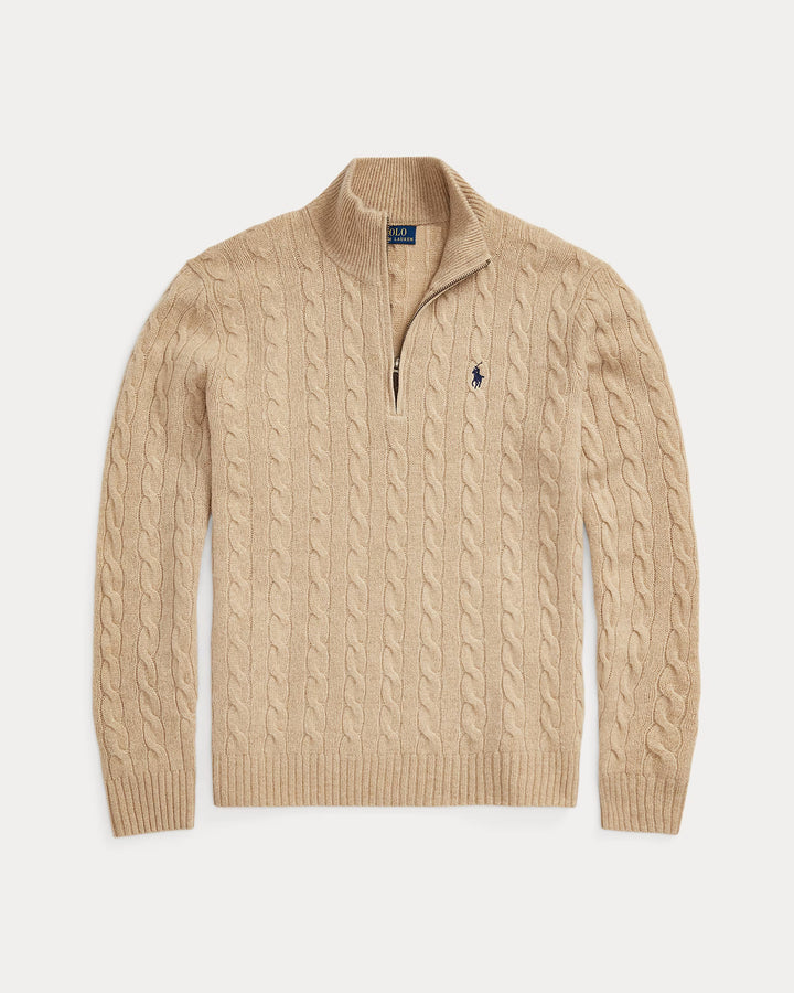 Ralph Lauren 羊毛羊绒绞花四分之一拉链针织衫 | 驼色 – 产品视图 03