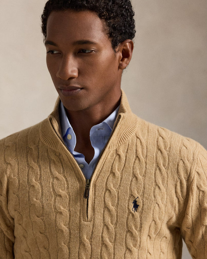 Ralph Lauren 羊毛羊绒绞花四分之一拉链针织衫 | 驼色 – 产品视图 04