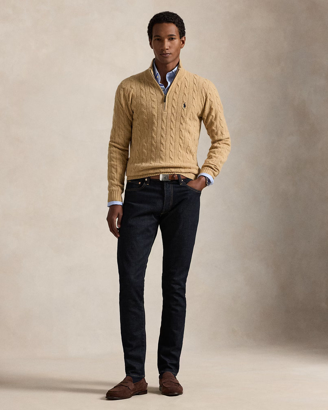 Ralph Lauren 羊毛羊绒绞花四分之一拉链针织衫 | 驼色 – 产品视图 05