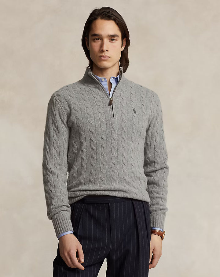 Ralph Lauren 羊毛羊绒绞花四分之一拉链针织衫 | 灰色 – 产品视图 01