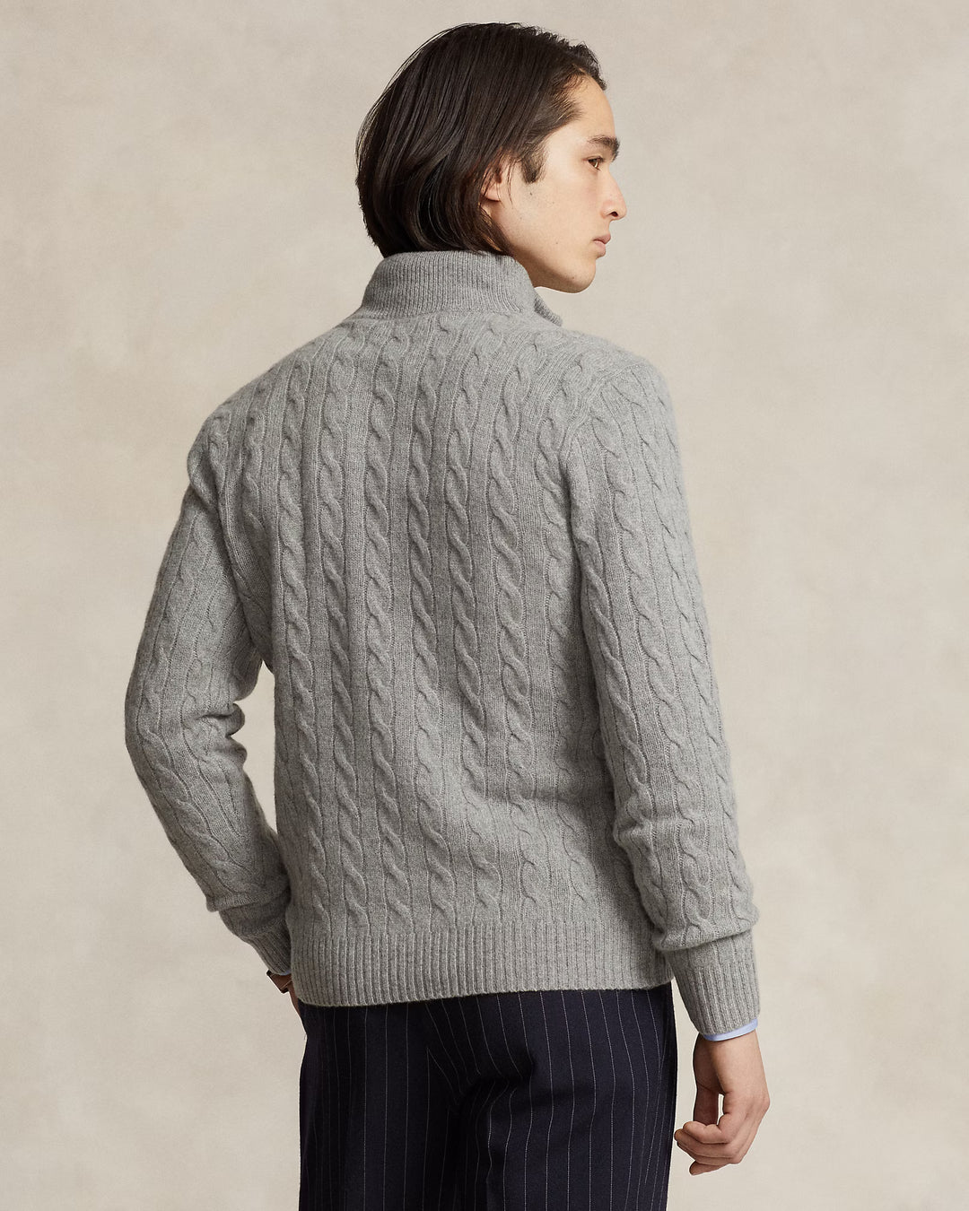 Ralph Lauren 羊毛羊绒绞花四分之一拉链针织衫 | 灰色 – 产品视图 02