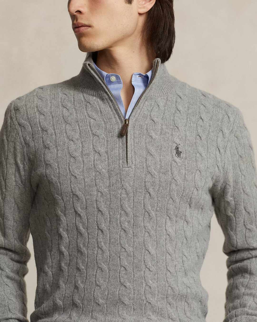 Ralph Lauren 羊毛羊绒绞花四分之一拉链针织衫 | 灰色 – 产品视图 04