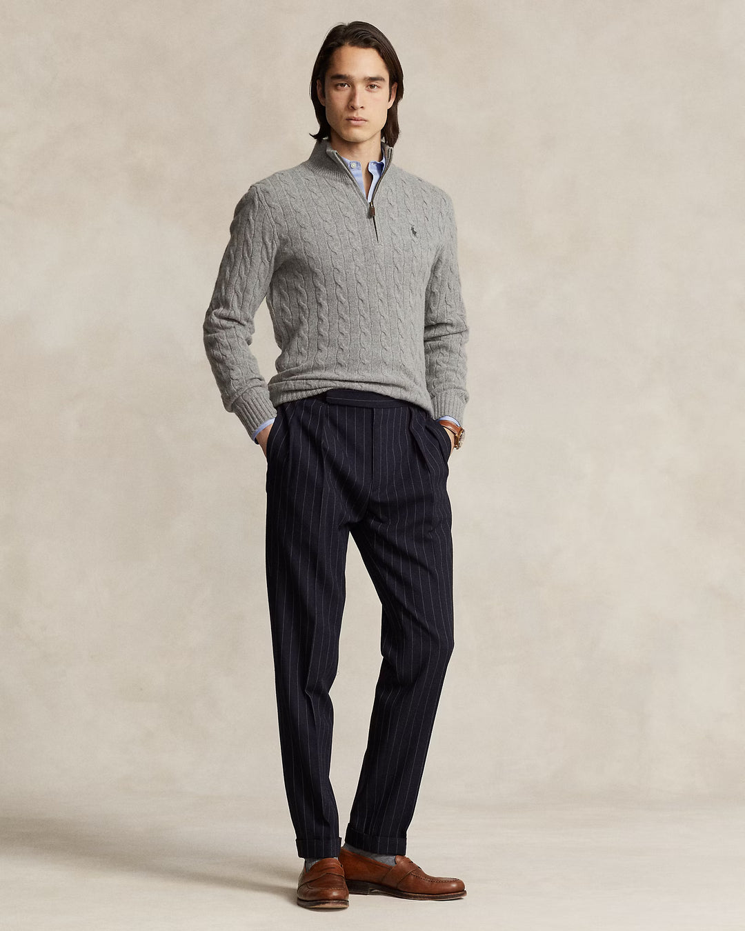 Ralph Lauren 羊毛羊绒绞花四分之一拉链针织衫 | 灰色 – 产品视图 05