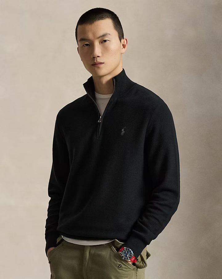 Ralph Lauren Mesh-Knit Cotton Quarter-Zip Jumper in Black – product view 01