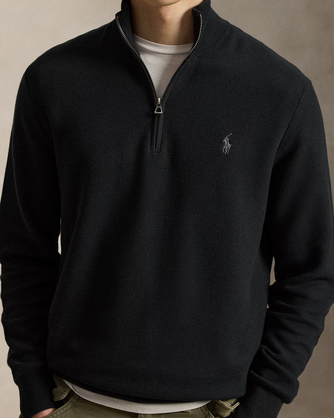 Ralph Lauren Mesh-Knit Cotton Quarter-Zip Jumper in Black – product view 04