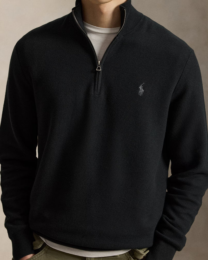 Ralph Lauren Mesh-Knit Cotton Quarter-Zip Jumper in Black – product view 04