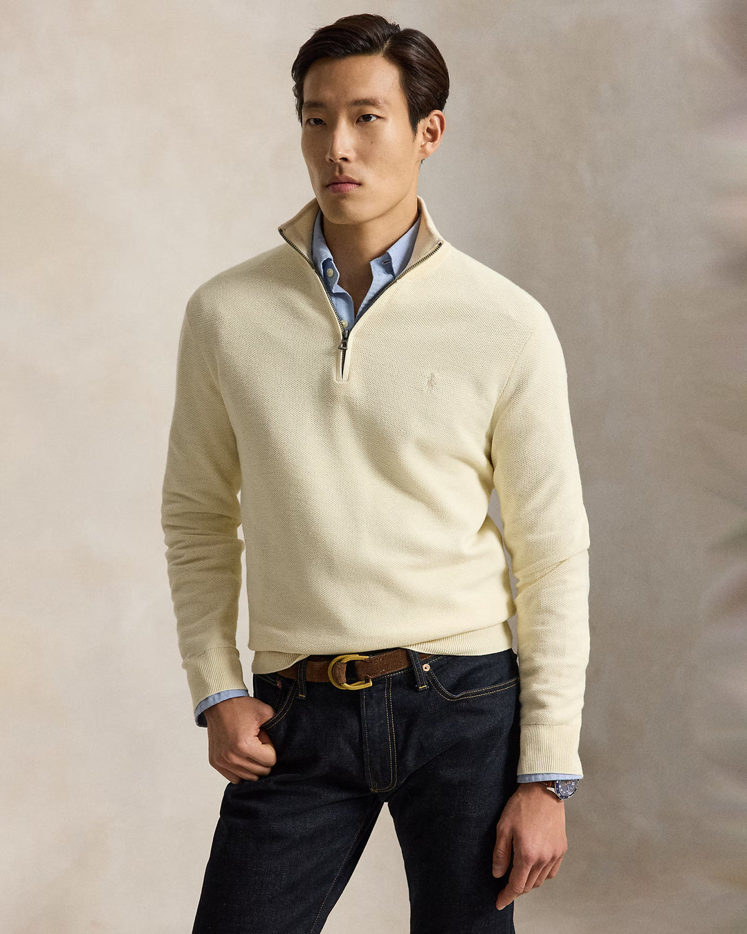 Ralph Lauren Pull en maille filet de coton à col zippé | Écru – vue du produit 01