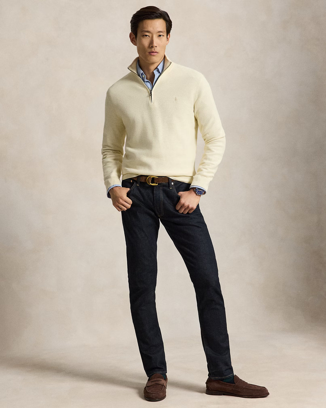 Ralph Lauren Mesh-Knit Cotton Quarter-Zip Jumper in Cream – product view 04