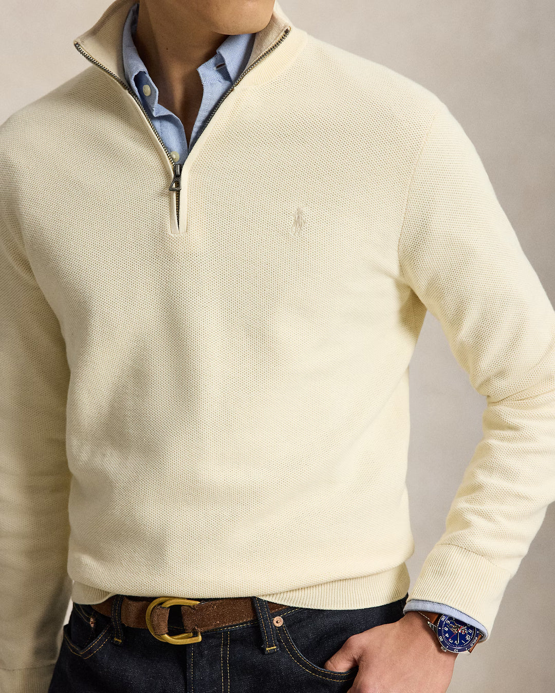 Ralph Lauren Mesh-Knit Cotton Quarter-Zip Jumper in Cream – product view 05