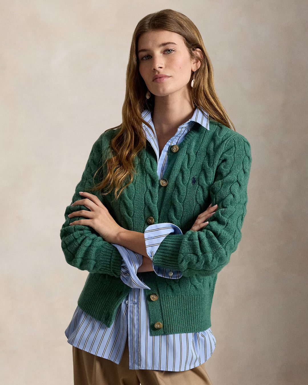 Ralph Lauren Cardigan donna a trecce in lana e cashmere | Verde trifoglio – immagine del prodotto 01