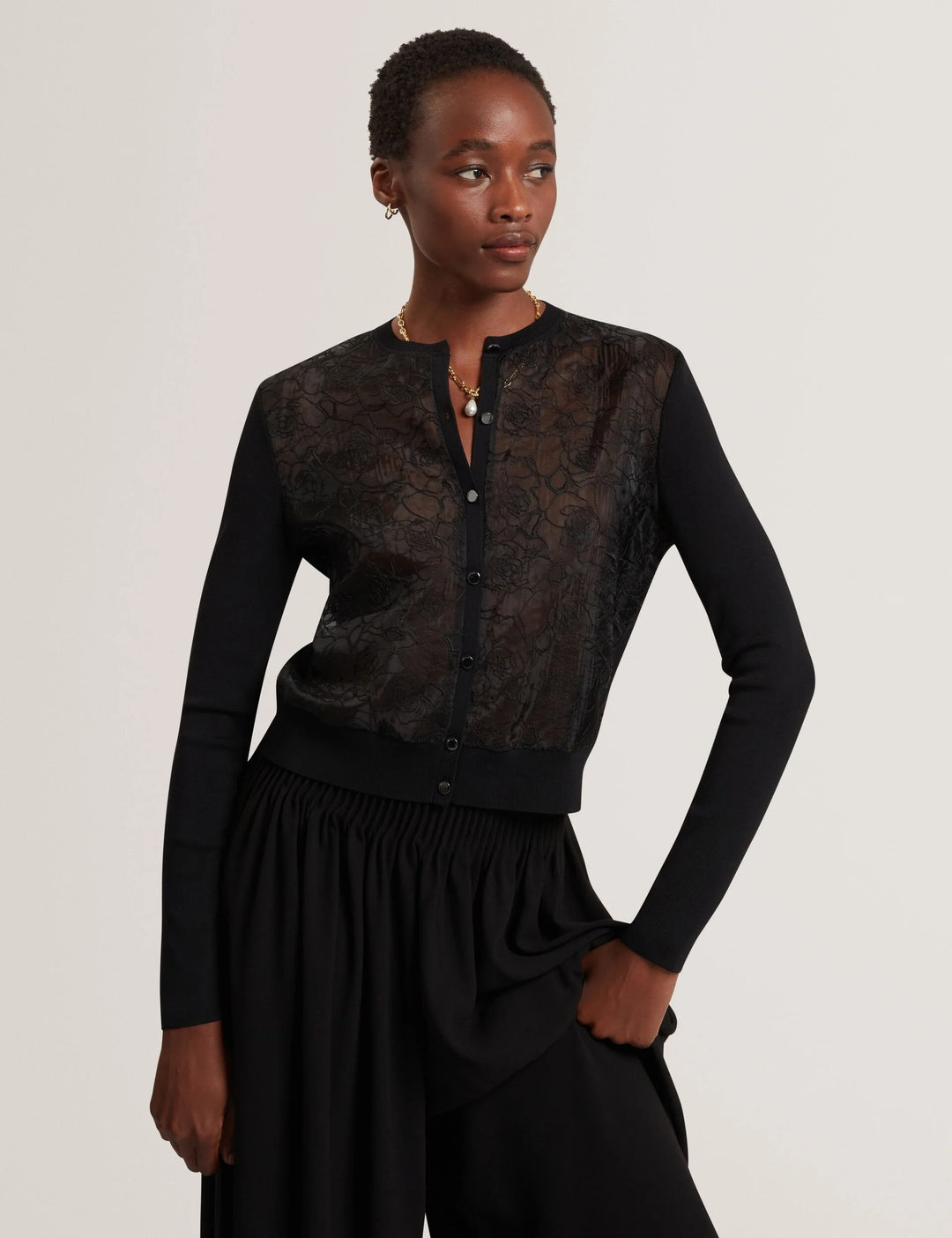 Ted Baker Voren Cardigan en Maille à Devant Dentelle | Noir