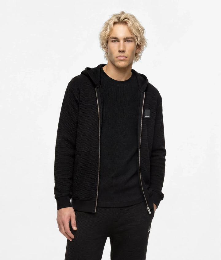 Karl Lagerfeld Waffle Relaxed Fit 拉链连帽衫, 黑色 - 正面视图