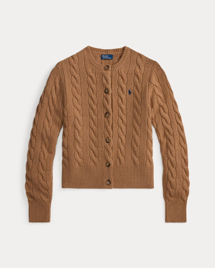Ralph Lauren Woll-Kaschmir Zopfstrickjacke: Camel – Lifestyle-Aufnahme