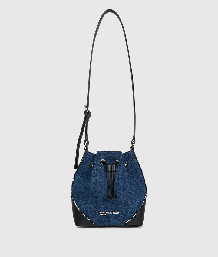 Karl Lagerfeld Rebel Denim &amp; Faux-Leather Bucket Τσάντα – Σκούρο Μπλε/Μαύρο