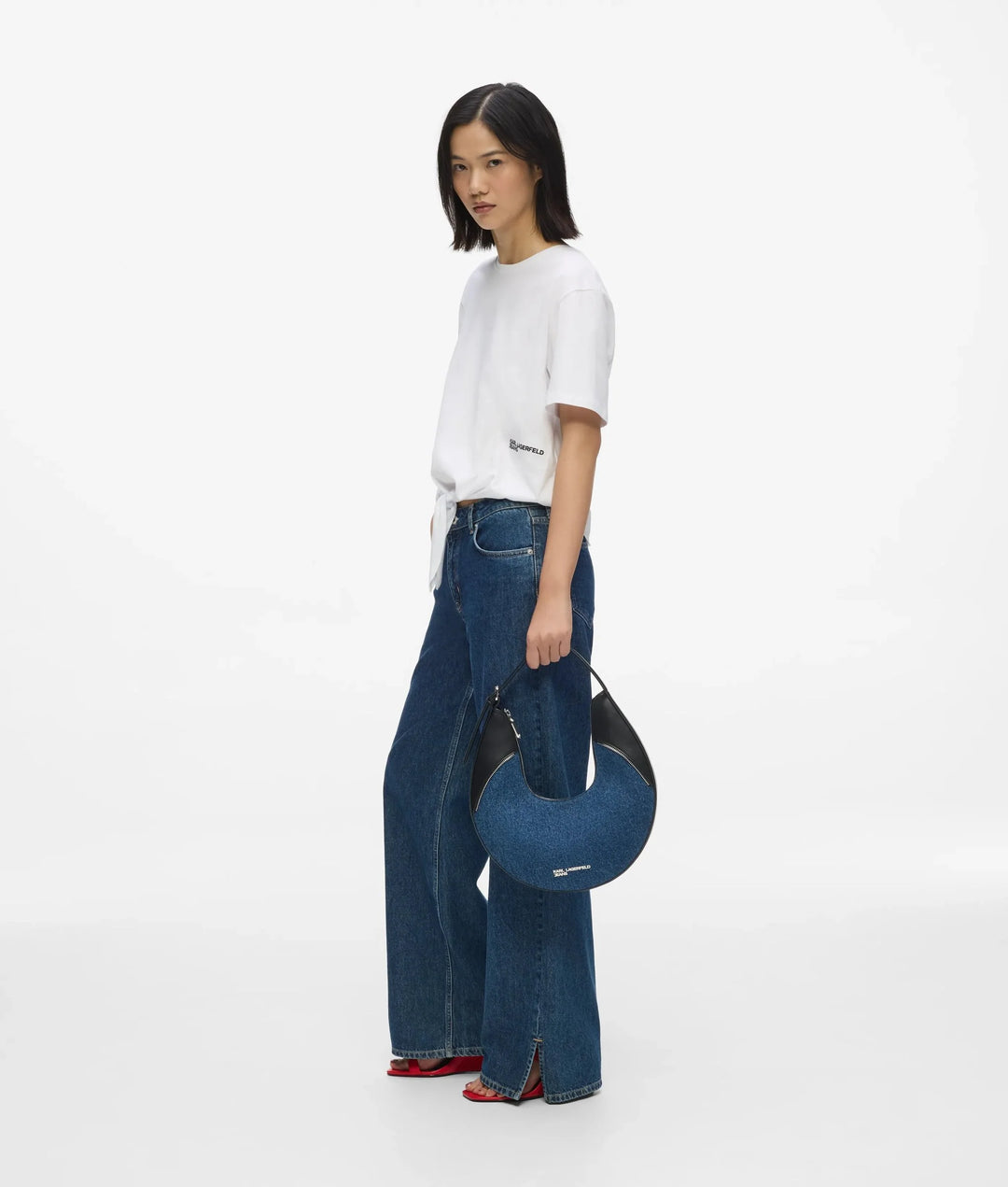 Karl Lagerfeld Rebel Denim &amp; Faux-Leather Hobo Τσάντα – Σκούρο Μπλε/Μαύρο – εναλλακτική όψη 2