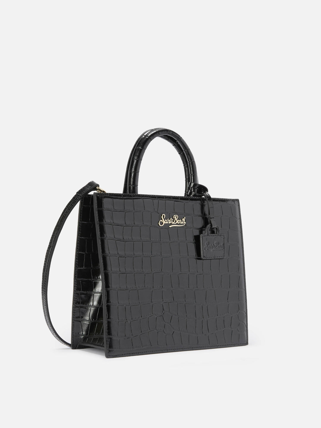MC2 Saint Barth Δερμάτινη Τσάντα Shop Bag Midi Κροκό - Μαύρο - Πλαϊνή όψη υπό γωνία
