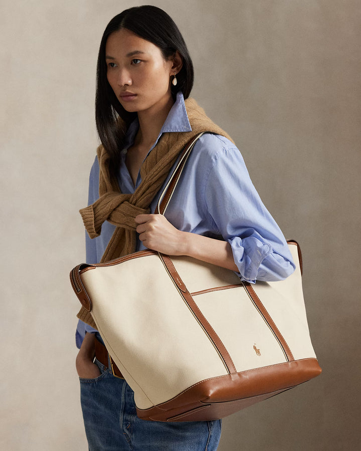 Ralph Lauren Μεγάλη Τσάντα από καμβά με Δερμάτινες Λεπτομέρειες: Ecru/Cuoio – εναλλακτική όψη