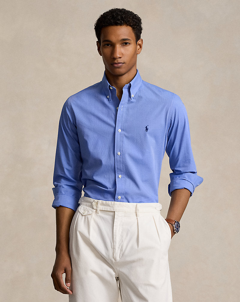 Custom Fit Stretch Poplin Shirt by Ralph Lauren in Blue End On End, view 1