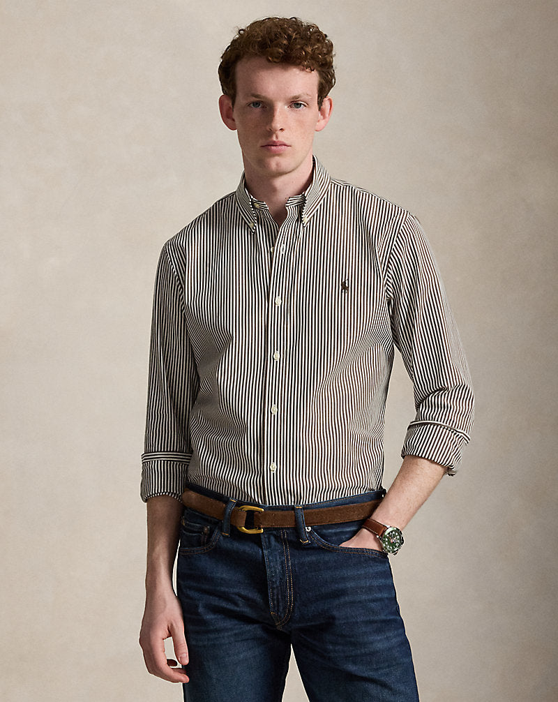 Custom Fit Striped Stretch Poplin Shirt by Ralph Lauren in Nutmeg Brown White, view 1