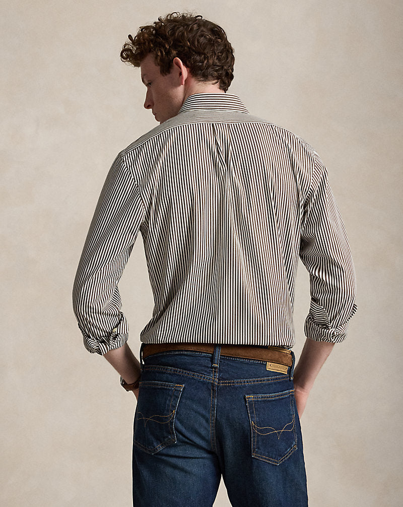 Ralph Lauren Custom Fit Striped Stretch Poplin Shirt in Nutmeg Brown White, view 4