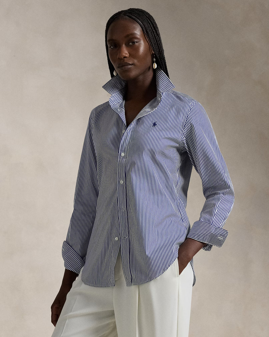 Ralph Lauren women's Slim Fit Striped Cotton Shirt in White/Royal