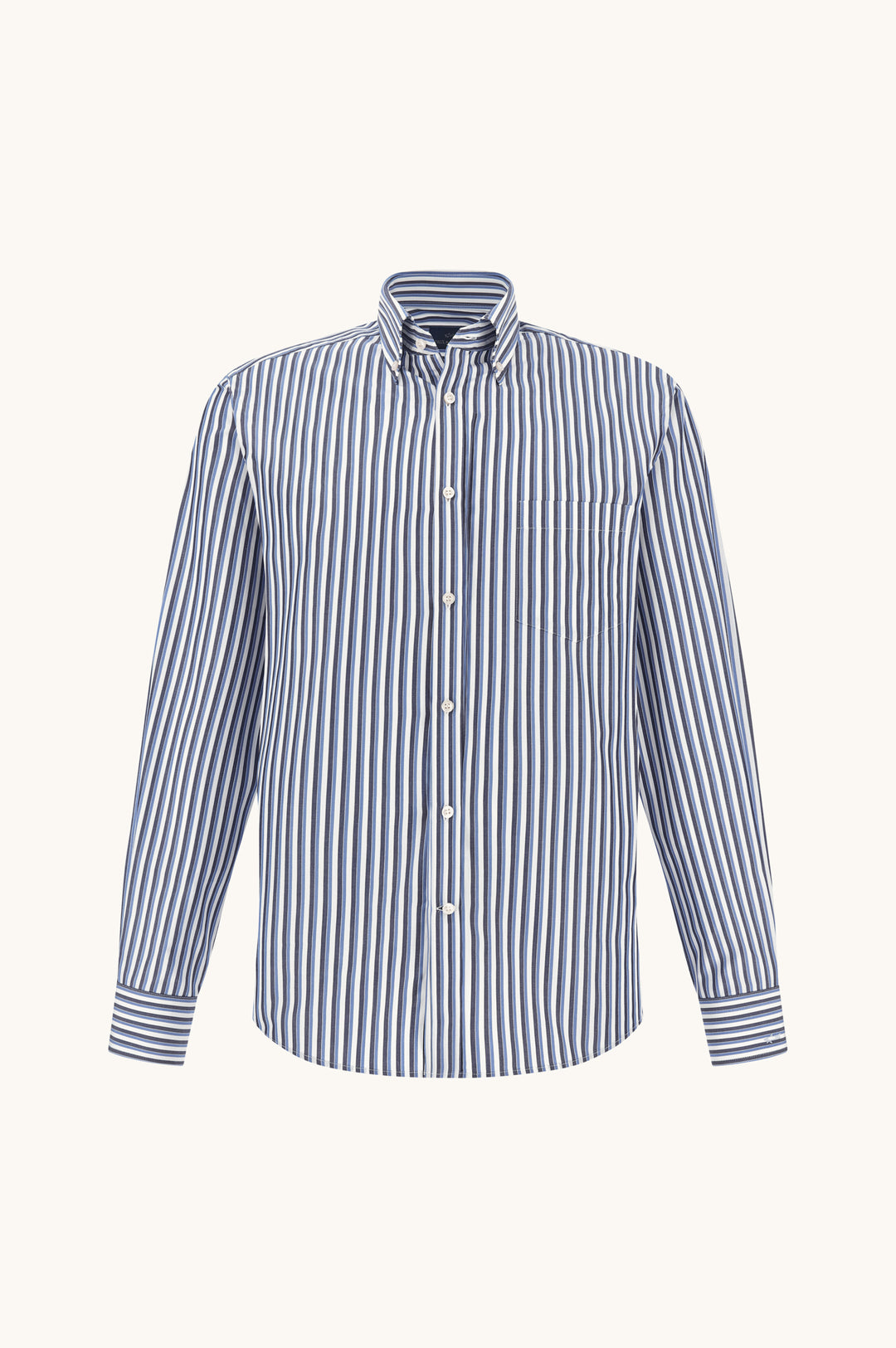 Paul & Shark Camisa a Rayas de Popelín de Algodón con Cuello Abotonado: Azul Marino/Azul/Blanco
