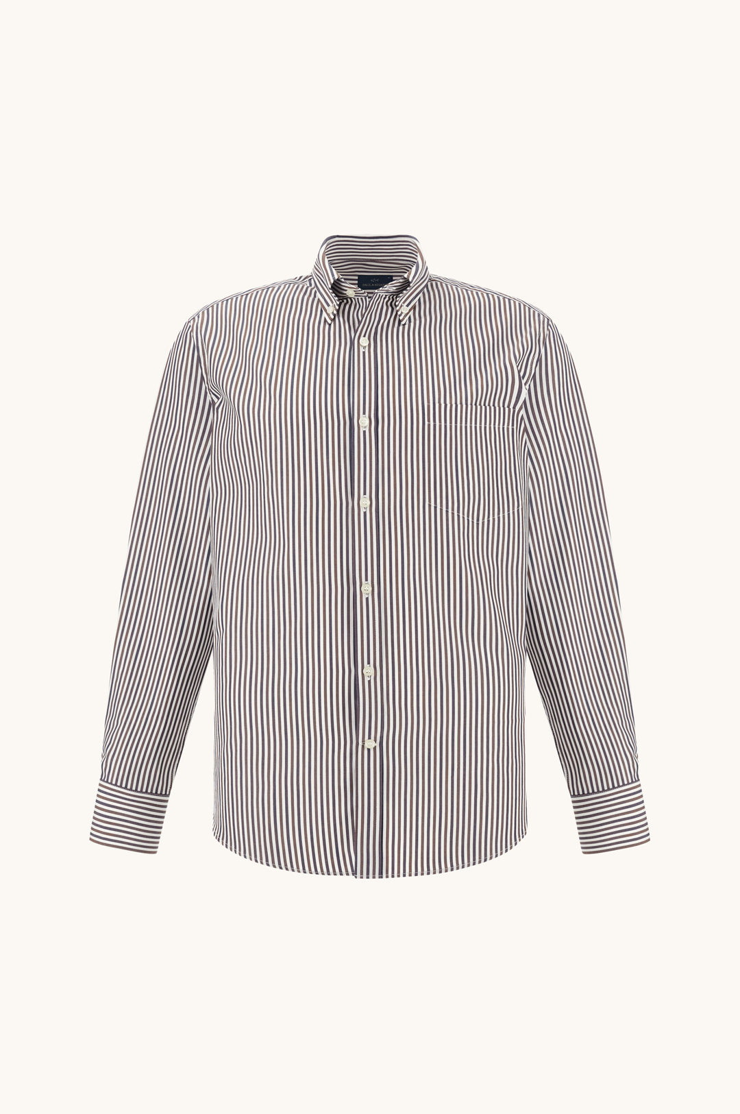 Paul & Shark Camisa a Rayas de Popelín de Algodón con Cuello Abotonado: Marrón/Blanco/Azul Marino