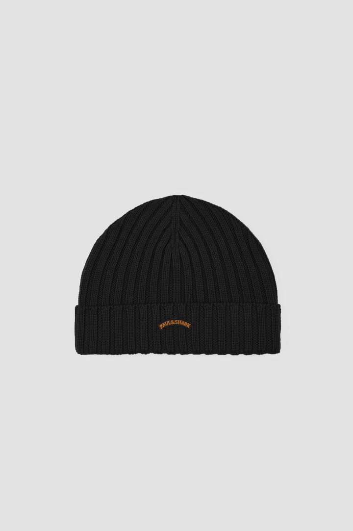 Paul &amp; Shark Moon Badge 羊毛针织帽，黑色