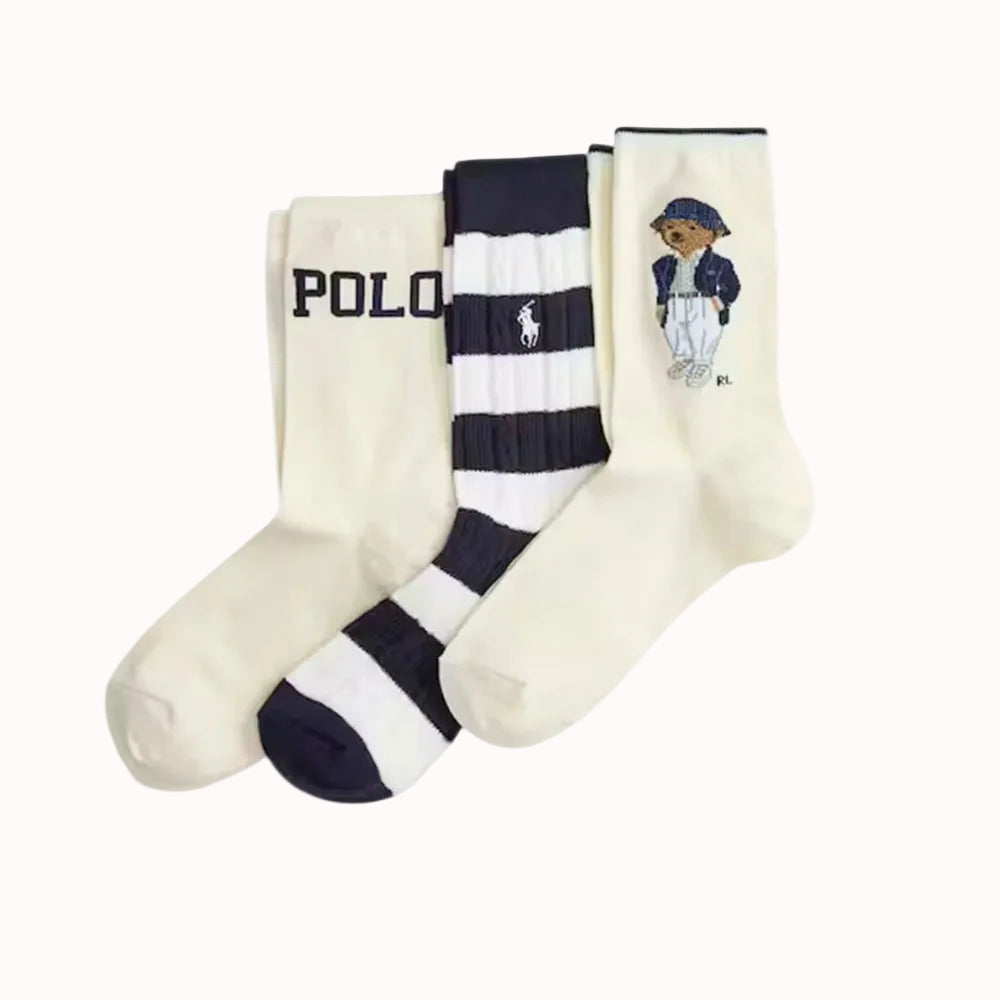 Ralph Lauren Calze donna con orsetto e righe confezione da 3 paia | Avorio/Righe – immagine del prodotto 01