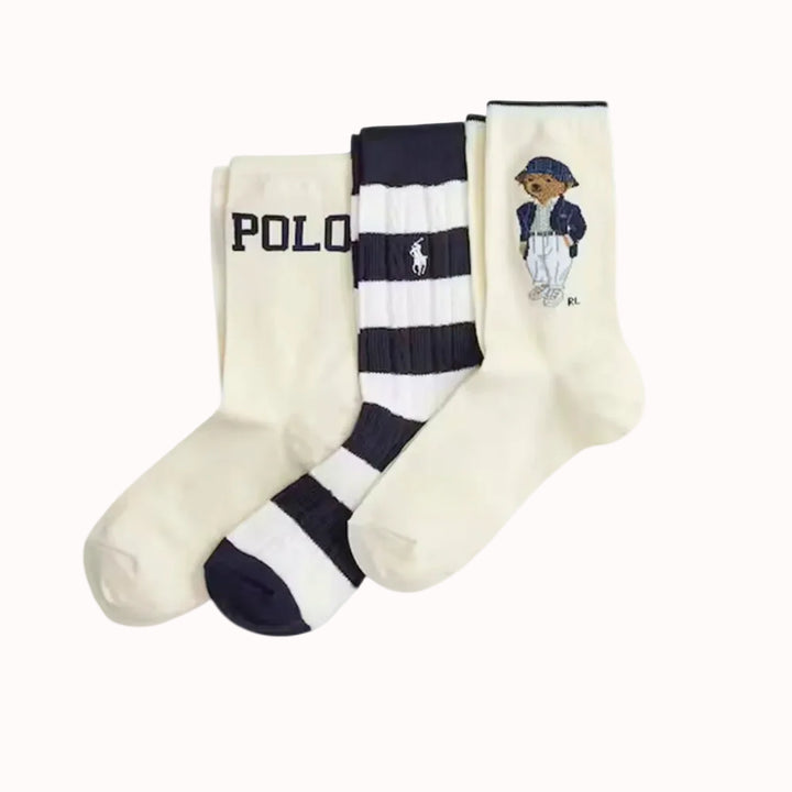 Ralph Lauren Calze donna con orsetto e righe confezione da 3 paia | Avorio/Righe – immagine del prodotto 01