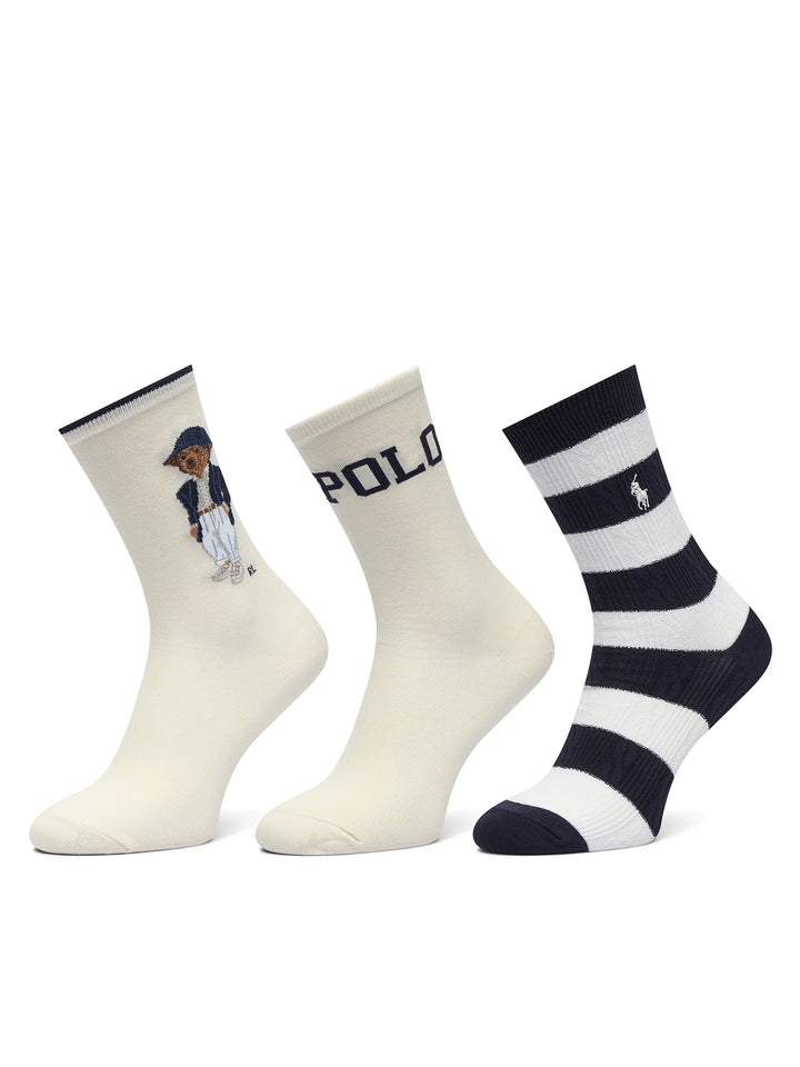 Ralph Lauren Calze donna con orsetto e righe confezione da 3 paia | Avorio/Righe – immagine del prodotto 04