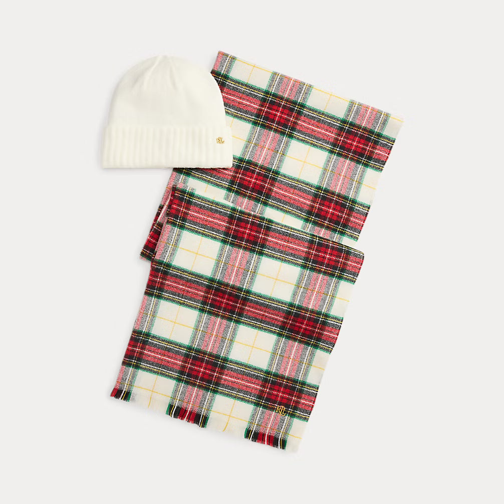 Lauren Ralph Lauren women's Plaid Scarf & Knit Beanie Gift Set in Cream