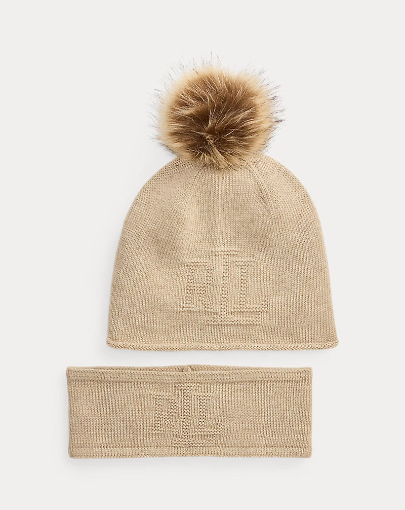 Lauren Ralph Lauren Damen Geschenkset mit Stirnband und Pompon-Mütze in Camel