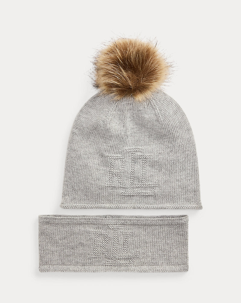 Lauren Ralph Lauren Damen Geschenkset mit Stirnband und Pompon-Mütze in Hellgrau