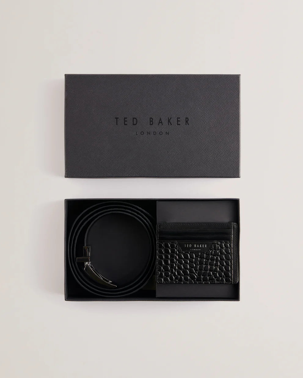 Ted Baker Keigan Δερμάτινη Ζώνη+Θήκη Καρτών με Κροκ Λεπτομέρεια | Μαύρο