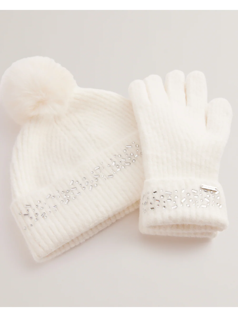 Ted Baker Rhinestone Knitted Hat And Gloves Set | Cream